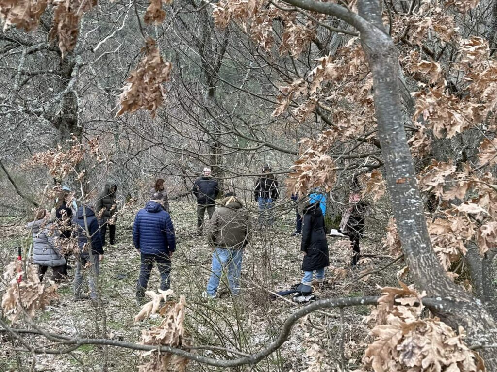 Grupo de personas participa en una actividad de baños de bosque en un entorno natural de la Reserva de la Biosfera de los Ancares Leoneses.