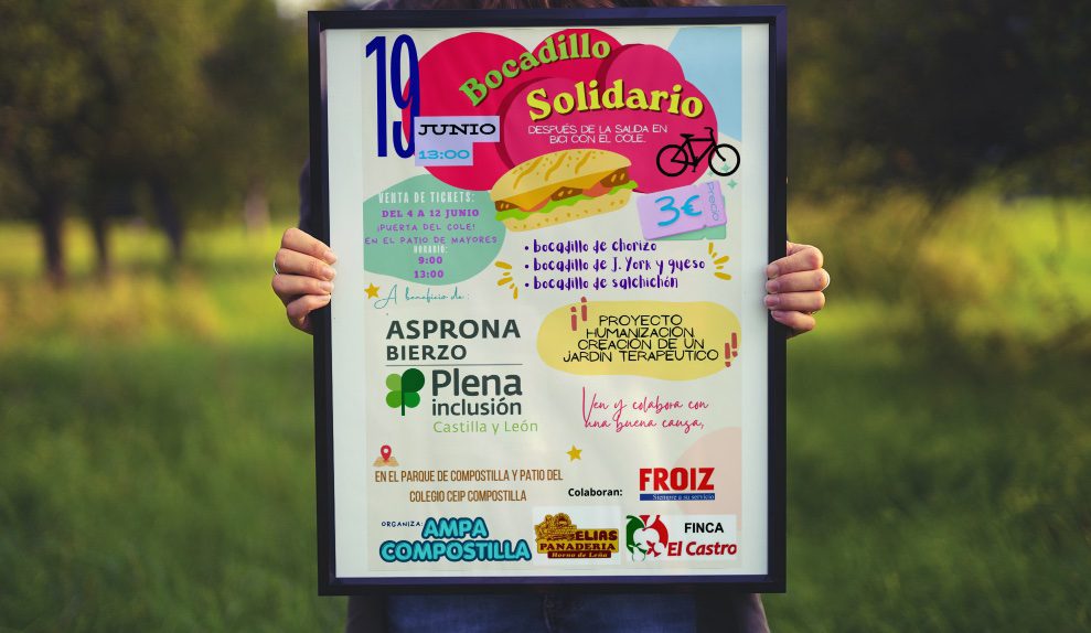 Cartel del bocadillo solidario del CEIP Compostilla a favor de Asprona Bierzo, con información del evento del 19 de junio en el Parque de Compostilla