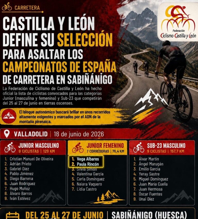 Cartel de la Federación de Ciclismo de Castilla y León con la convocatoria para el Campeonato de España de carretera en Sabiñánigo, con Vega Albares y Paula Rincón destacadas en la selección junior femenina