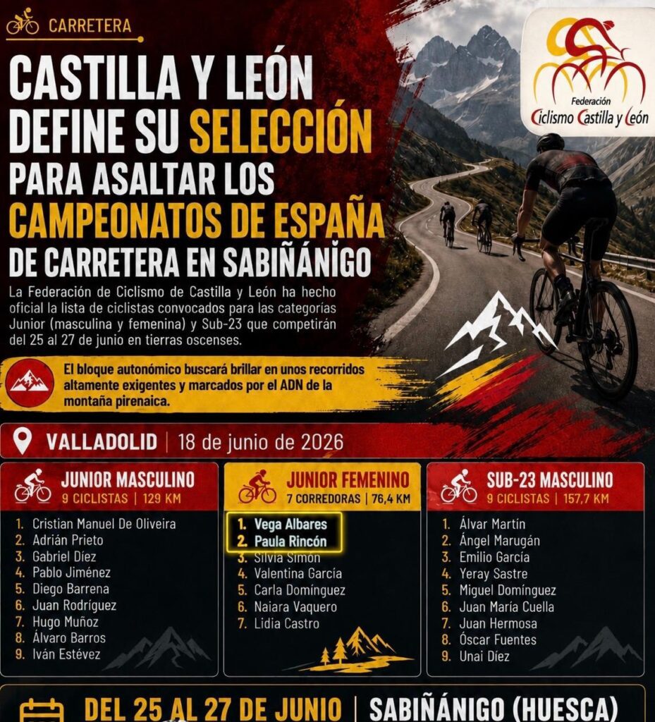 Cartel de la Federación de Ciclismo de Castilla y León con la convocatoria para el Campeonato de España de carretera en Sabiñánigo, con Vega Albares y Paula Rincón destacadas en la selección junior femenina