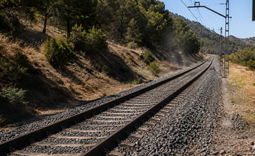 Vía ferroviaria junto a una zona forestal con señal de prevención de incendios y trabajos de mantenimiento en los márgenes