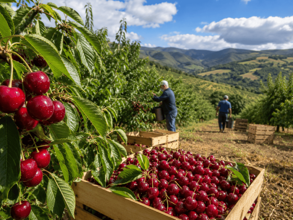 Agricultores durante la campaña de recogida de la cereza