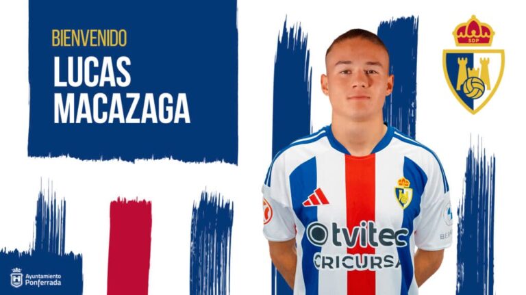 Lucas Macazaga posa con la camiseta de la SD Ponferradina en el anuncio de su incorporación