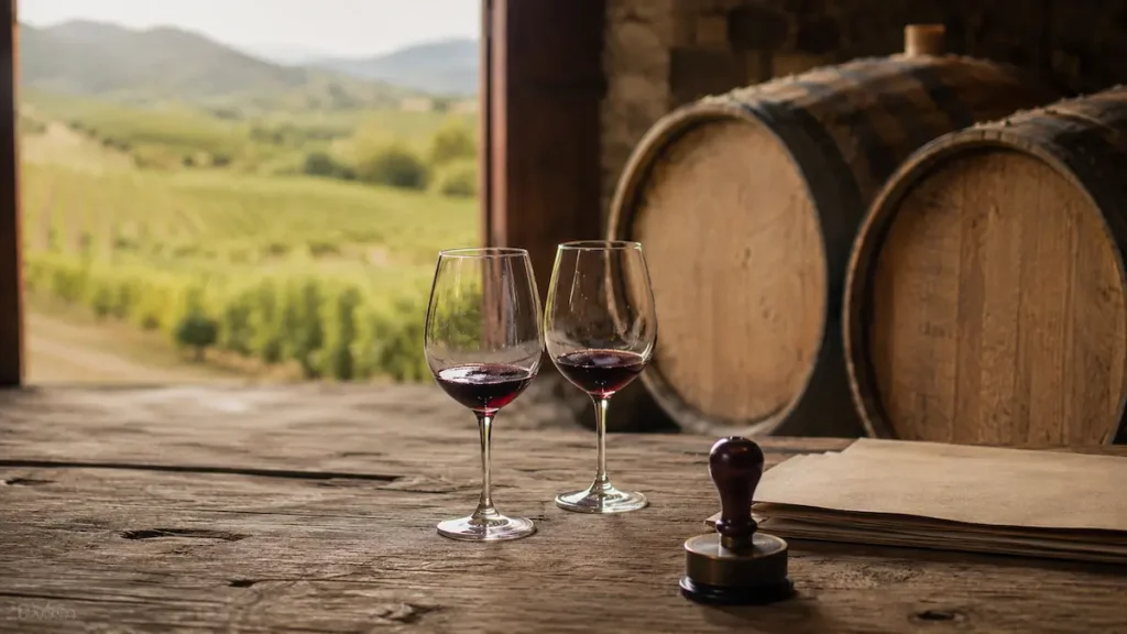 Barricas de vino, copas con vino tinto y sello de inspección sobre una mesa de madera con viñedos al fondo.