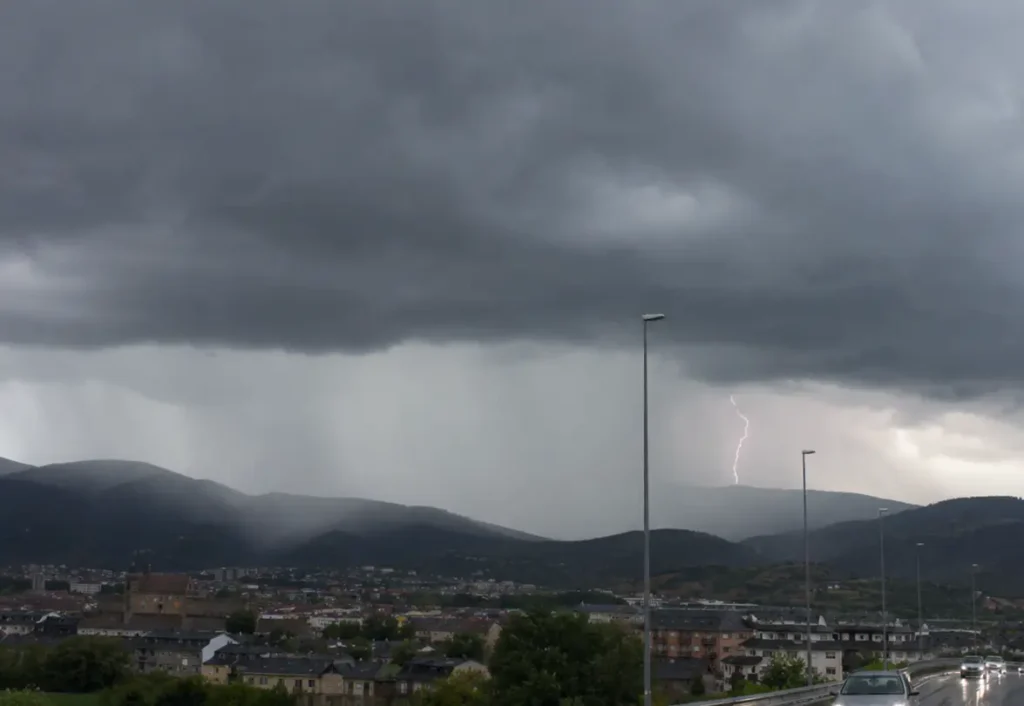 Tormenta sobre El Bierzo con nubes oscuras, lluvia y vehículos circulando por una carretera mojada.