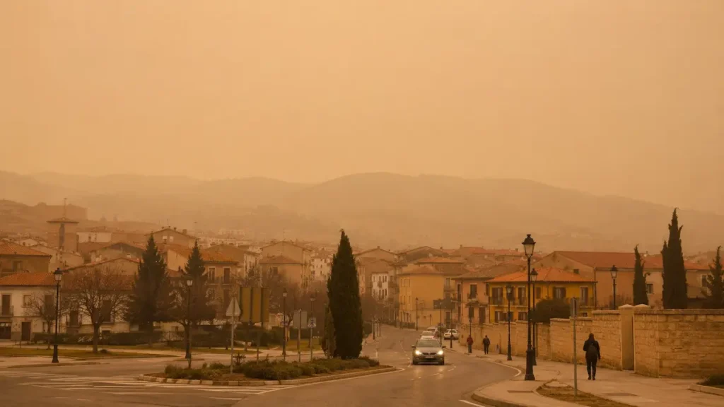 Vista general en el Bierzo bajo una ligera calima provocada por polvo africano, con el cielo anaranjado y las montañas difuminadas al fondo.