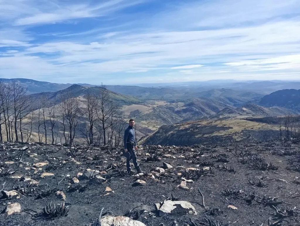 David Beltrán, investigador de la Universidad de León en una zona de monte quemada tras un incendio forestal