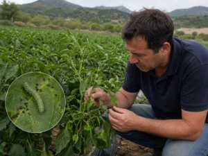 Agricultor revisa plantas de pimiento en una explotación agrícola afectada por la presencia de la polilla Spodoptera exigua en El Bierzo