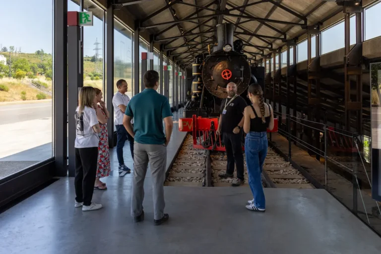 Grupo de visitantes durante una visita guiada en La Fábrica de Luz. Museo de la Energía, junto a una locomotora histórica.