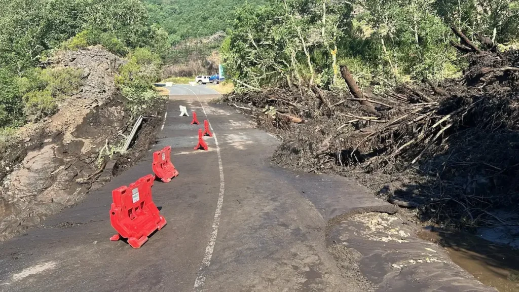 Carretera del Valle de Fornela afectada por una riada, con arrastres de tierra, ramas y barreras de señalización en la calzada.