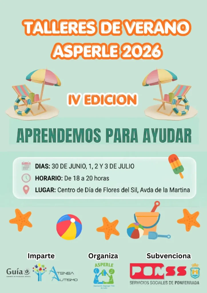 Cartel de los Talleres de Verano Asperle 2026, IV edición de Aprendemos para ayudar, en el Centro de Día de Flores del Sil.