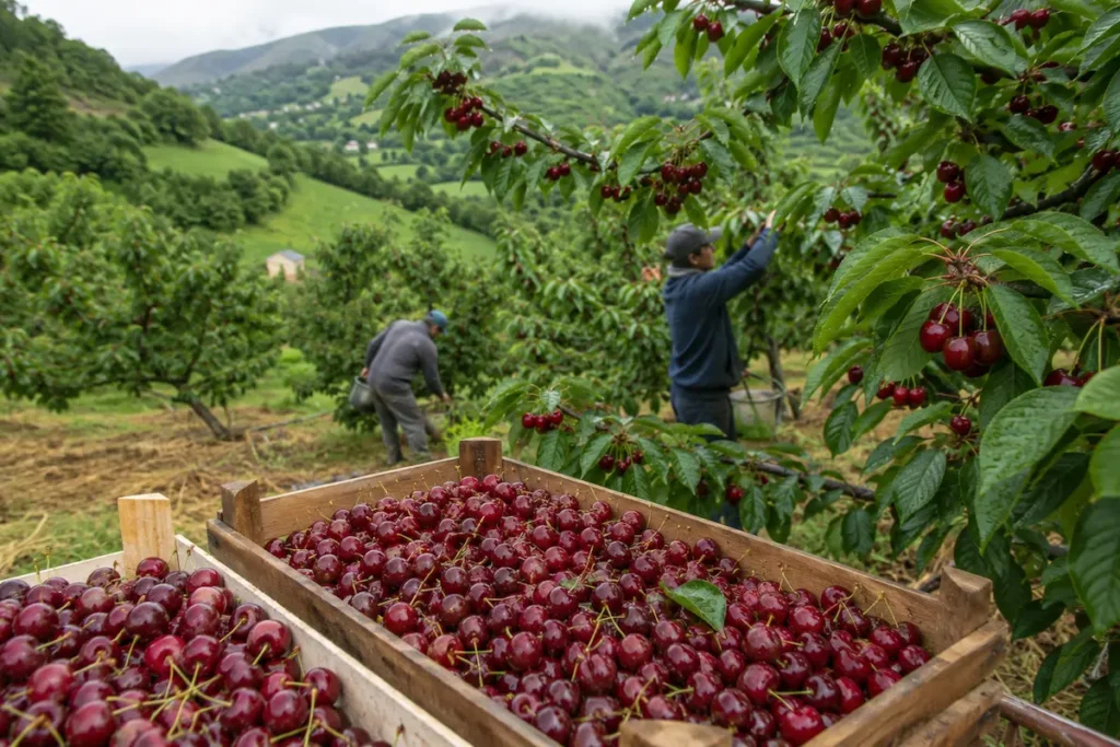 Cajas de cerezas recién recogidas en una finca del Bierzo durante el tramo final de la campaña