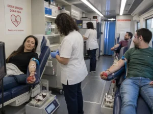 Interior de una unidad móvil de donación de sangre con varios donantes atendidos por personal sanitario.