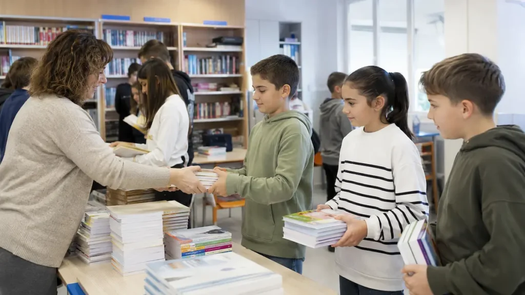 Docente entrega libros de texto a varios alumnos en un aula dentro del programa de gratuidad de material escolar.