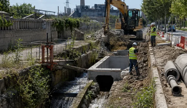 Obras de drenaje junto al Canal de riego con maquinaria, tuberías y operarios