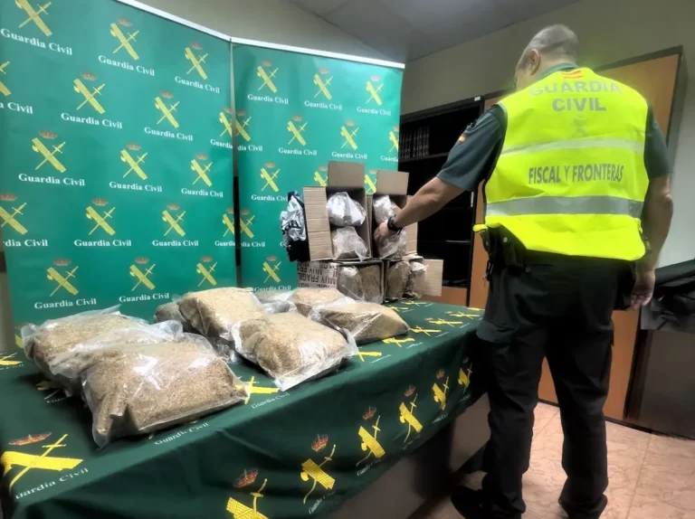 Agente del Destacamento Fiscal y de Fronteras de la Guardia Civil junto a varios paquetes de picadura de tabaco ilegal intervenidos en León