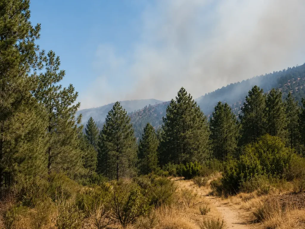 Superficie forestal con pinos y matorral bajo un cielo con bruma de humo al fondo
