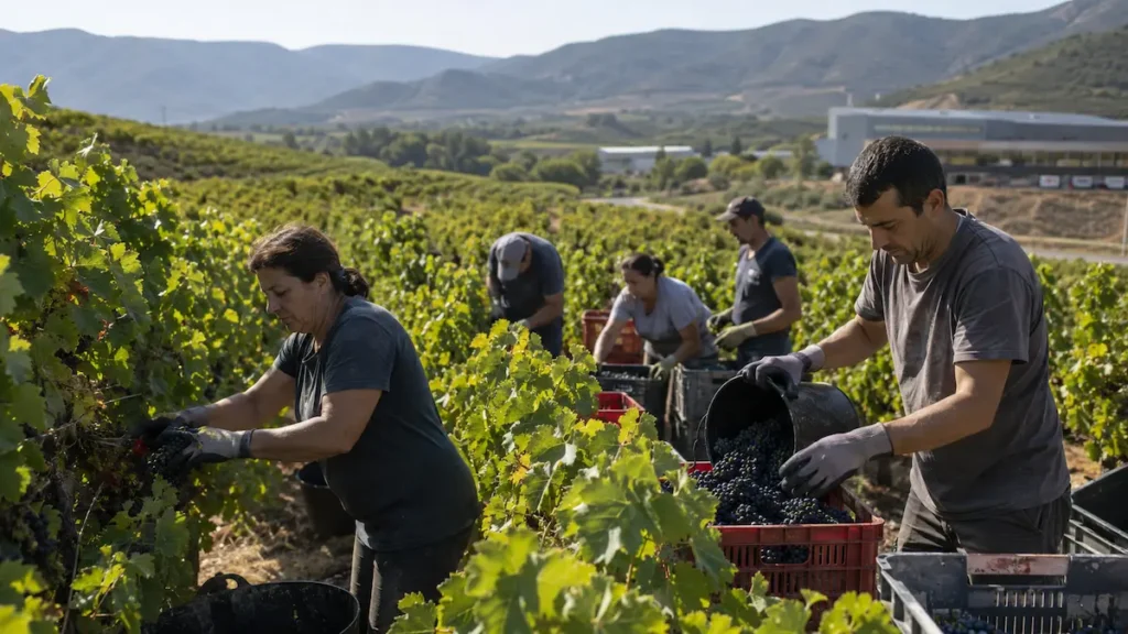 Trabajadores recogiendo uva en un viñedo de El Bierzo, con cajas de vendimia y montañas al fondo.