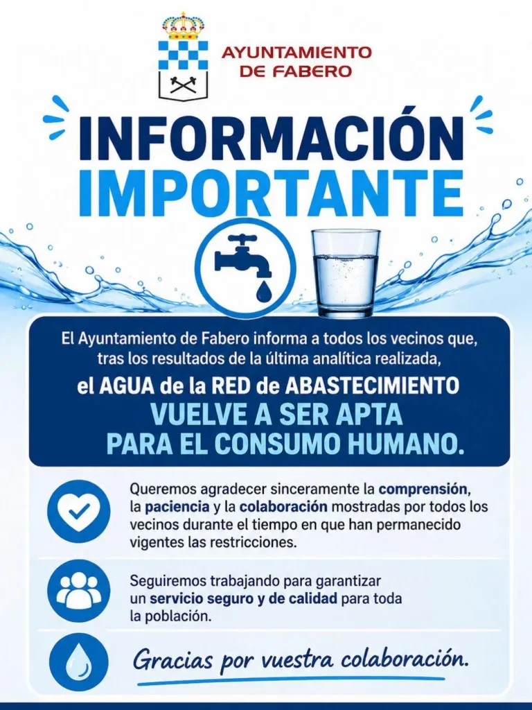 Cartel del Ayuntamiento de Fabero informando de que el agua de la red de abastecimiento vuelve a ser apta para el consumo humano.