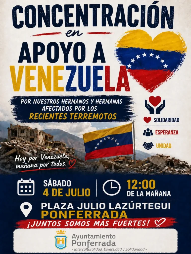Cartel de la concentración solidaria en Ponferrada para apoya a Venezuela tras los recientes terremotos.