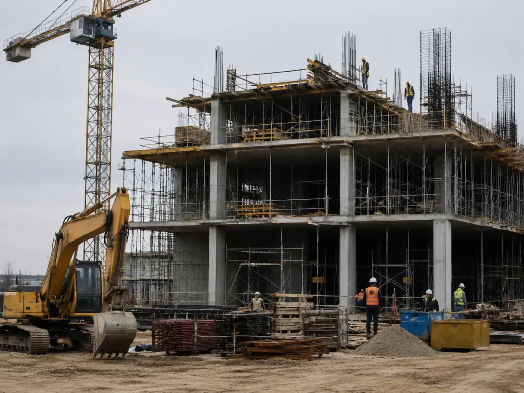 Obra en construcción con un edificio en estructura, andamios, una grúa y maquinaria pesada