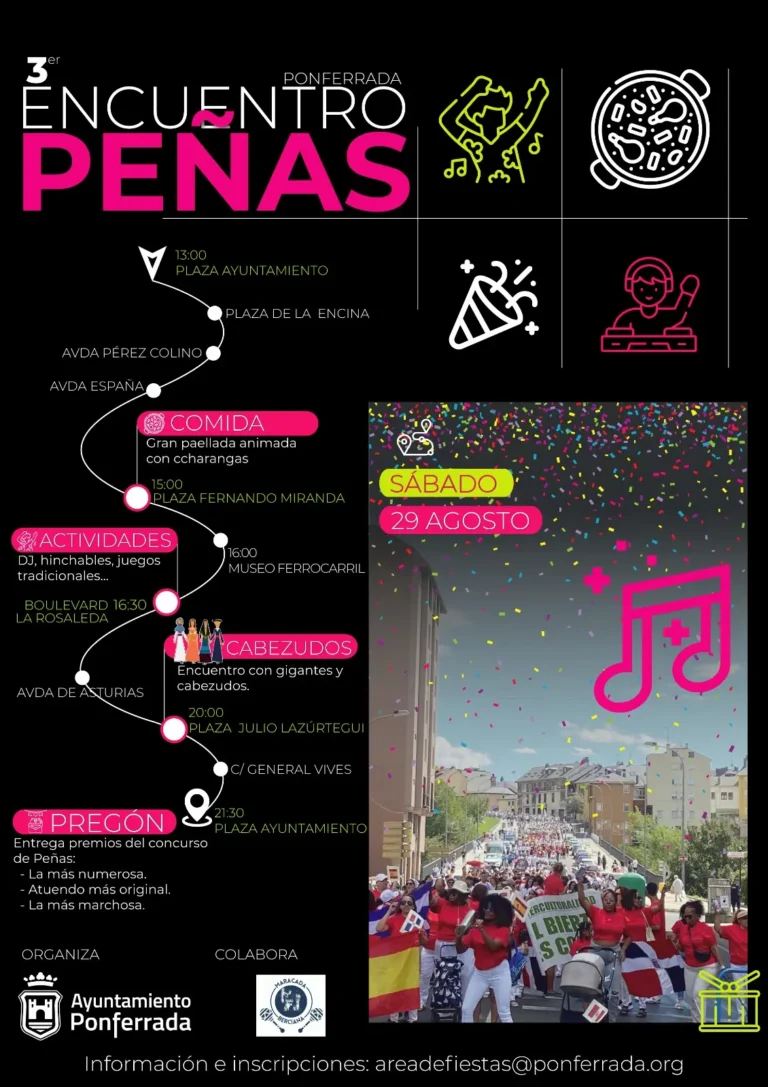 Cartel del III Encuentro de Peñas de Ponferrada del sábado 29 de agosto con el recorrido y la programación de actividades