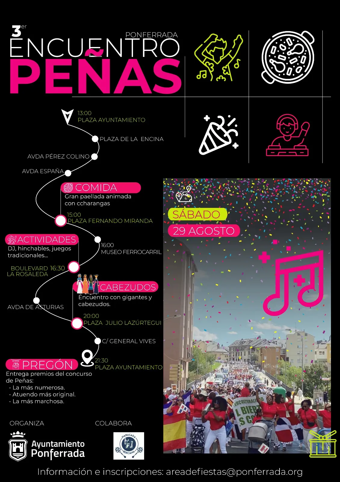 Cartel del III Encuentro de Peñas de Ponferrada del sábado 29 de agosto con el recorrido y la programación de actividades