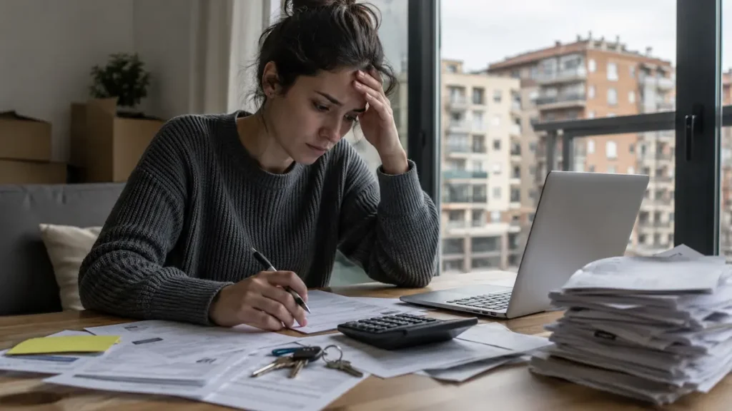 Una mujer analiza a las facturas frente a su ordenador portátila