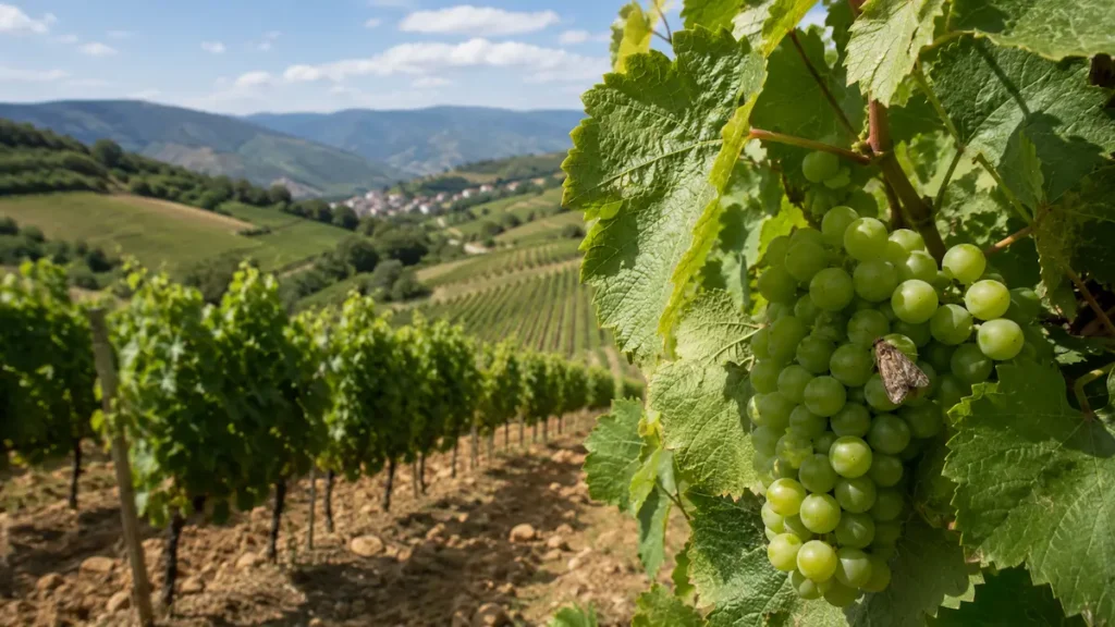 Viñedo del Bierzo con racimo de uvas y una polilla del racimo sobre los frutos.