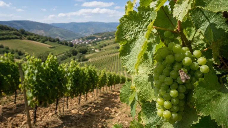 Viñedo del Bierzo con racimo de uvas y una polilla del racimo sobre los frutos.