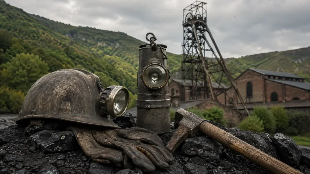 Casco, lámparas y herramientas mineras ante un castillete en una cuenca minera.