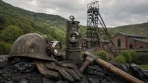 Casco, lámparas y herramientas mineras ante un castillete en una cuenca minera.